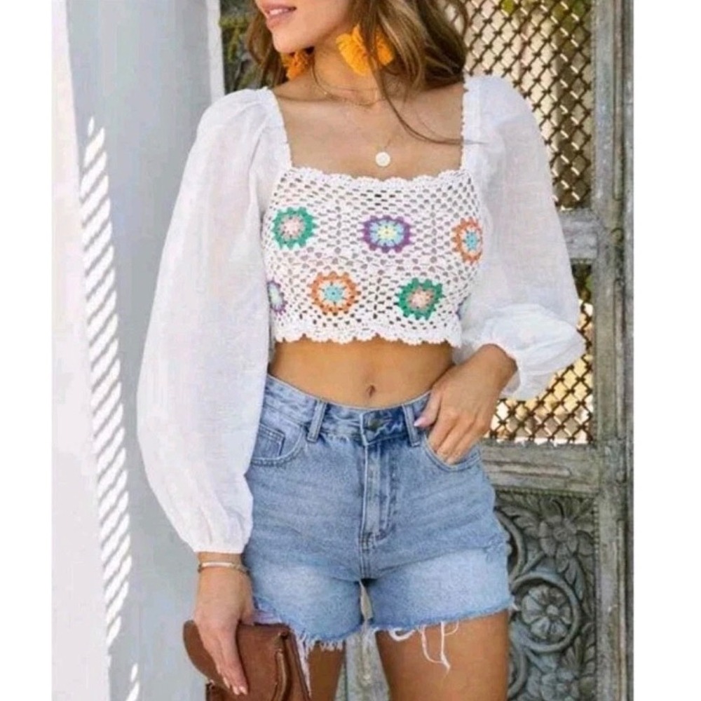 Aerie White Crochet Floral Granny Square Puff Sleeve Crop Top XS Boho Preppy